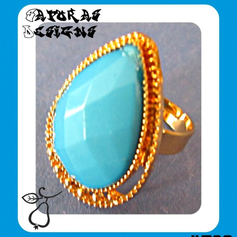 Gold Tone Egyptian Pear / Tear Drop Design Size 8 Ring With Blue Bead Adjustable